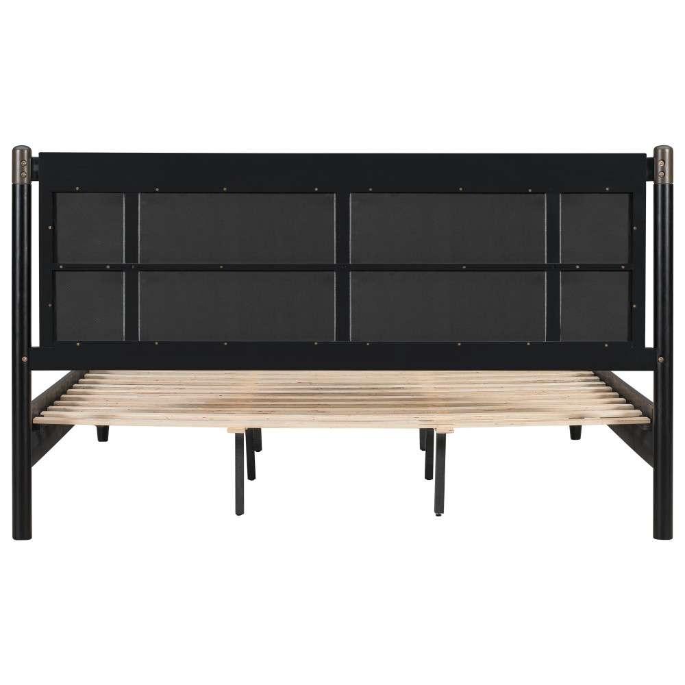 Solid Wood King Bed Frame w/ Upholstered Headboard, 600lb Support, Black