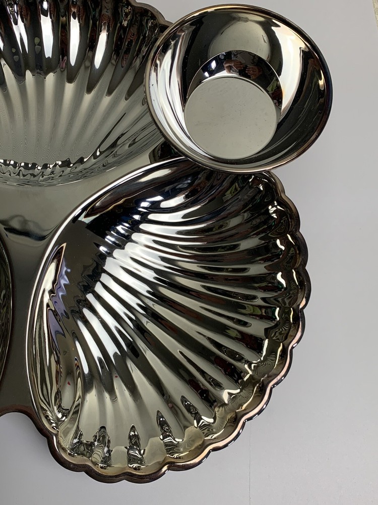 Vtg Seashell Silver Serving Tray Dip Cup Birks Regency Plate Shell Fish Formal