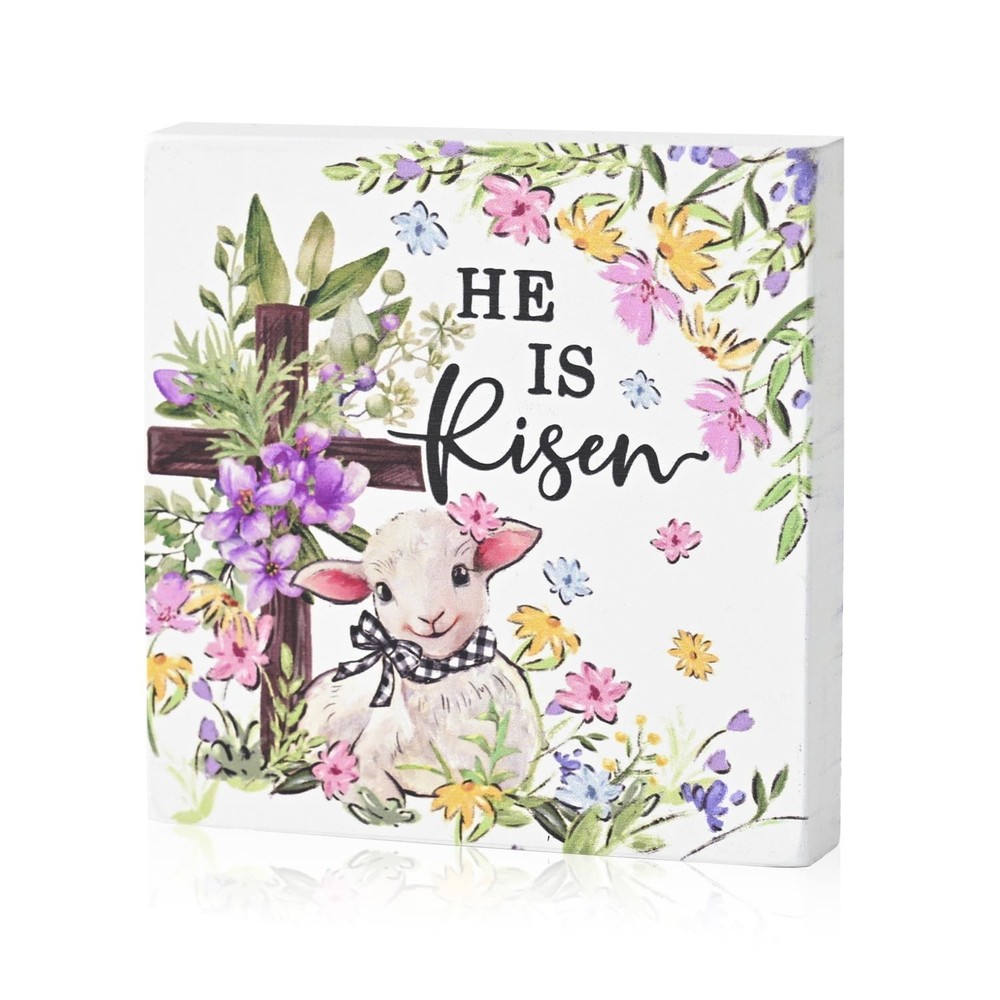 Smile Double-Sided Wooden Easter Decor Plaque - "He Is Risen" Religious Easte...