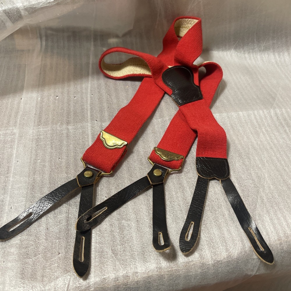 Red Suspenders With Leather Tabs & Brass