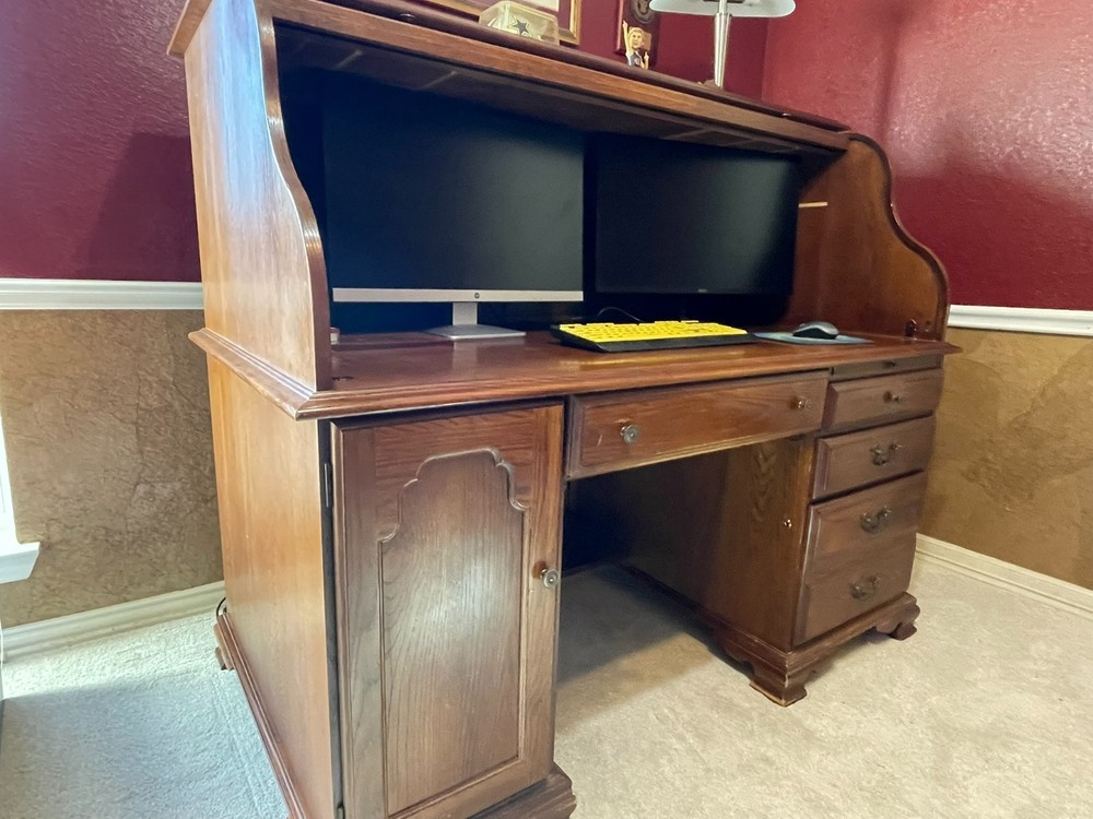 Riverside Oak Roll Top Desk with computer compartment.