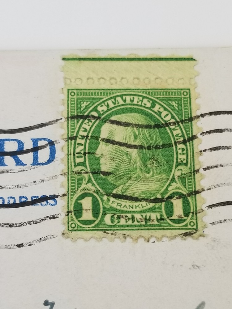 Benjamin Franklin Green Line one cent Stamp on 1931 Postcard