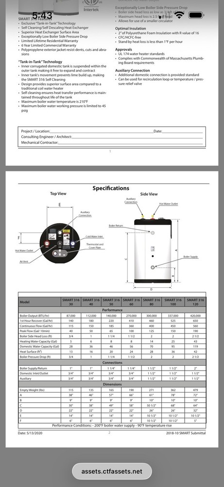 Triangle Tube Smart 60 Indirect fired Water Heater.