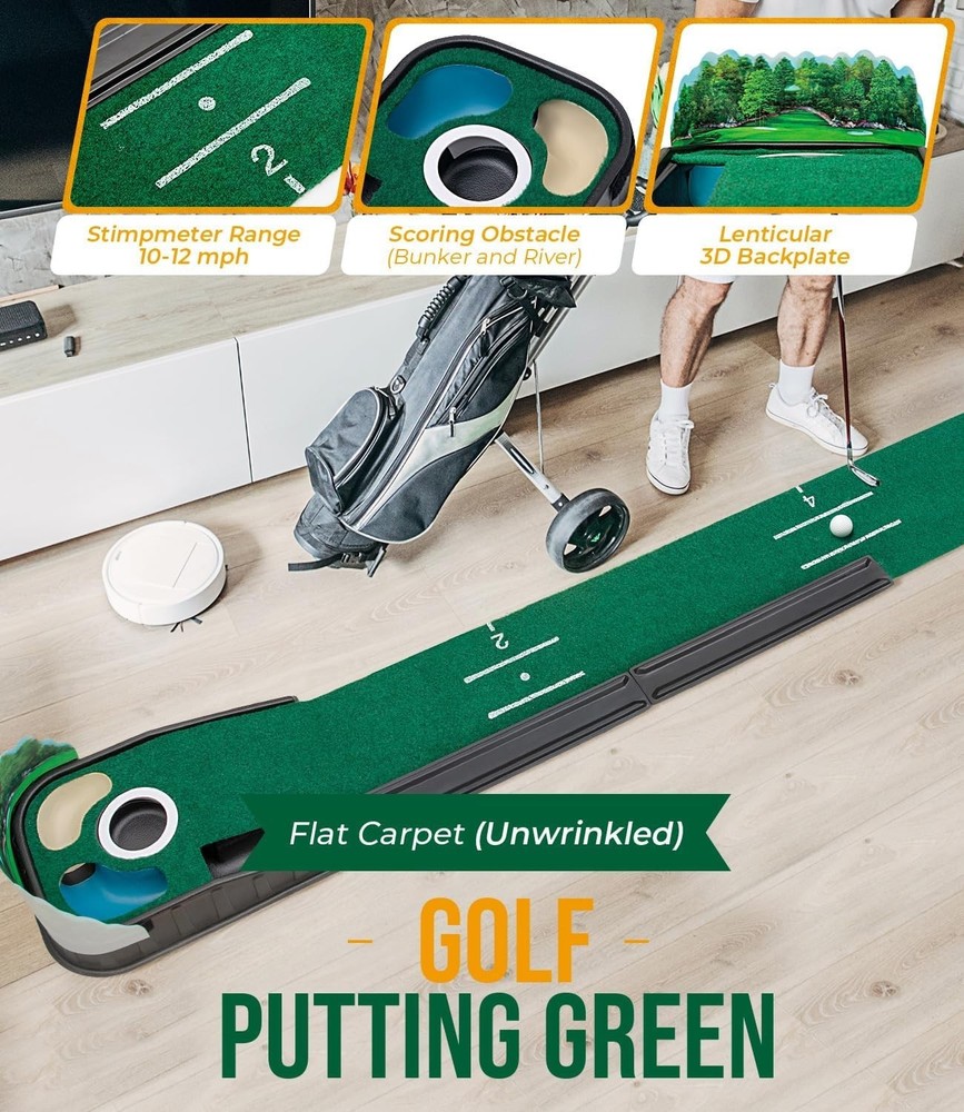 Indoor Golf Putting Green - 8ft Wrinkle-Free Mat with Precision Alignment Tools