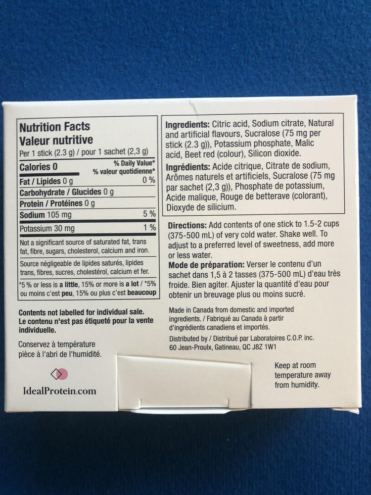 Ideal Protein Raspberry Lemonade Powdered Water Enhancer - 14 Packets EXP 8/2025
