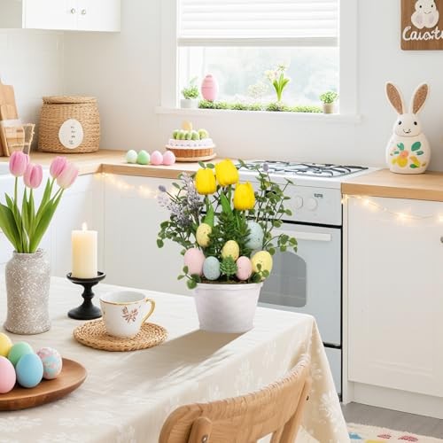 Easter Decorations, Artificial Easter Egg Tulip Flower Potted Table Yellow