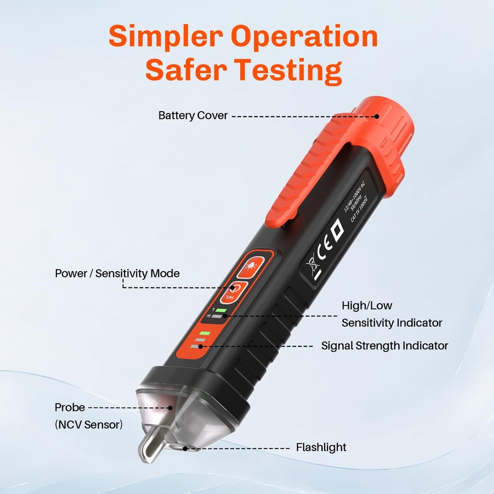 Non Contact Voltage Tester Pen AC Detector Orange for Electrical Testing