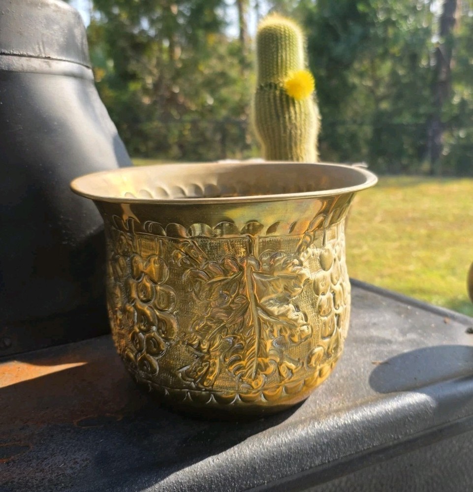Vintage Embossed Brass Planter Medium Grape Leaf Design Boho Decor India Style