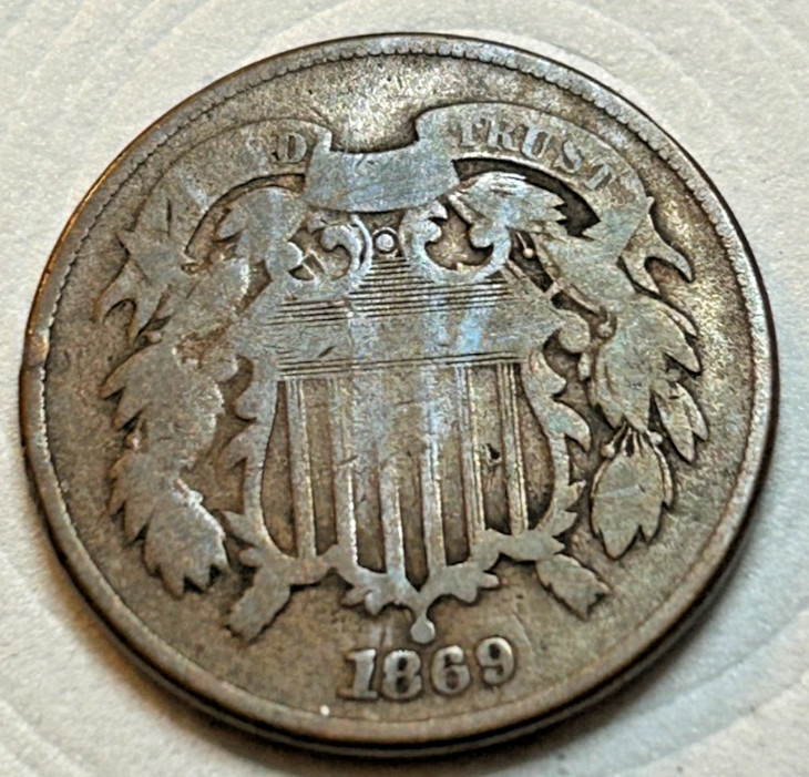 1869 Beautiful Two Cent, Nice Reverse Dark Brown in Clear Plastic Hldr - B18-7