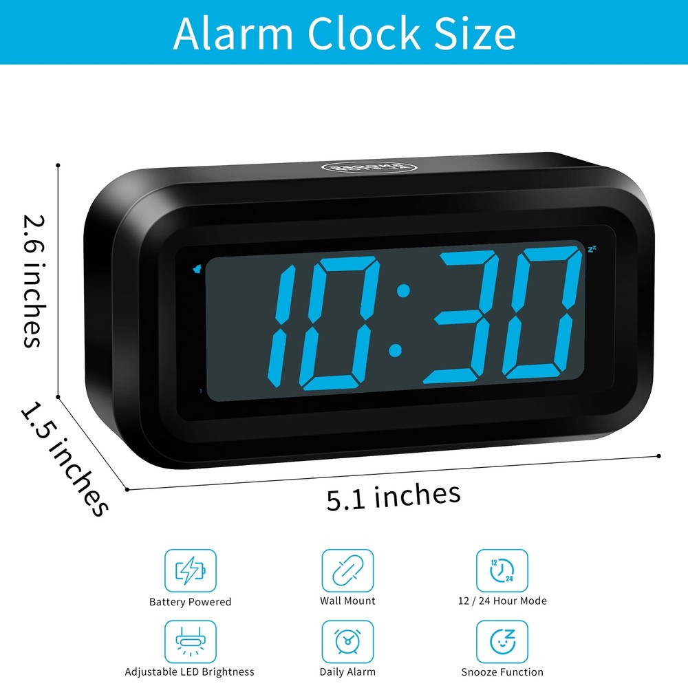 Alarm Clock, Digital Clock, Constantly 1.2'' LED Blue Digits Display, Battery