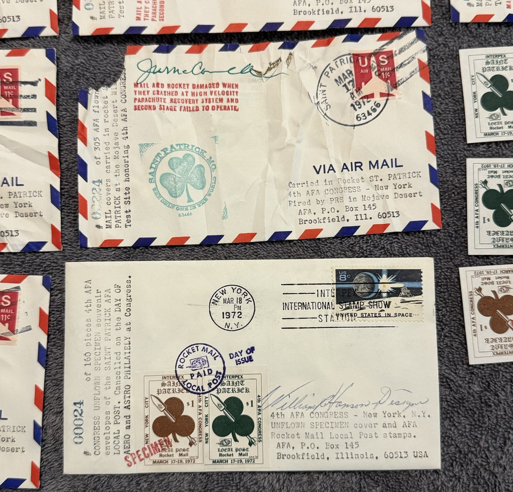 1972 St. Patrick MO Rocket Mail covers (7) + INTERPEX card + 12 labels, crash