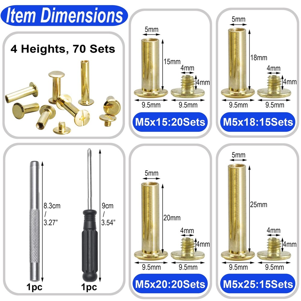 70Sets Chicago Screws Leather Rivets Assorted Screw Rivets Chicago Binding Sc...