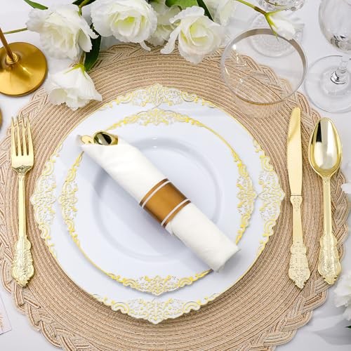 3PCS and Gold Plastic Plates, Plastic Dinnerware Set for Guests, 100 50 White