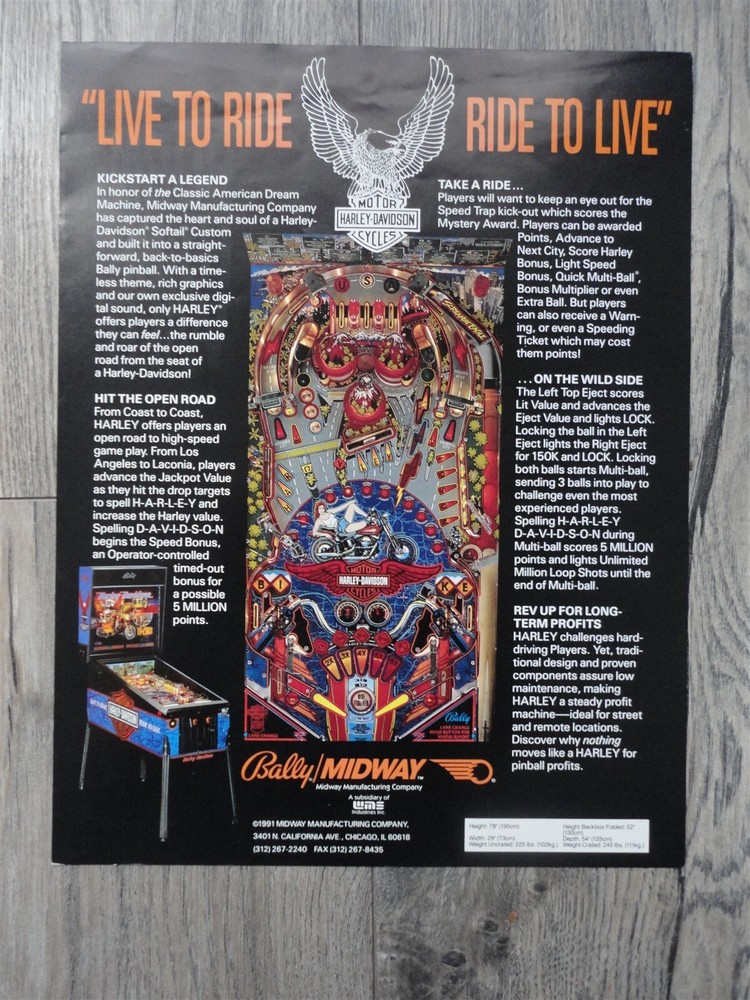 Harley Davidson Pinball Flyer / Original Bally Brochure