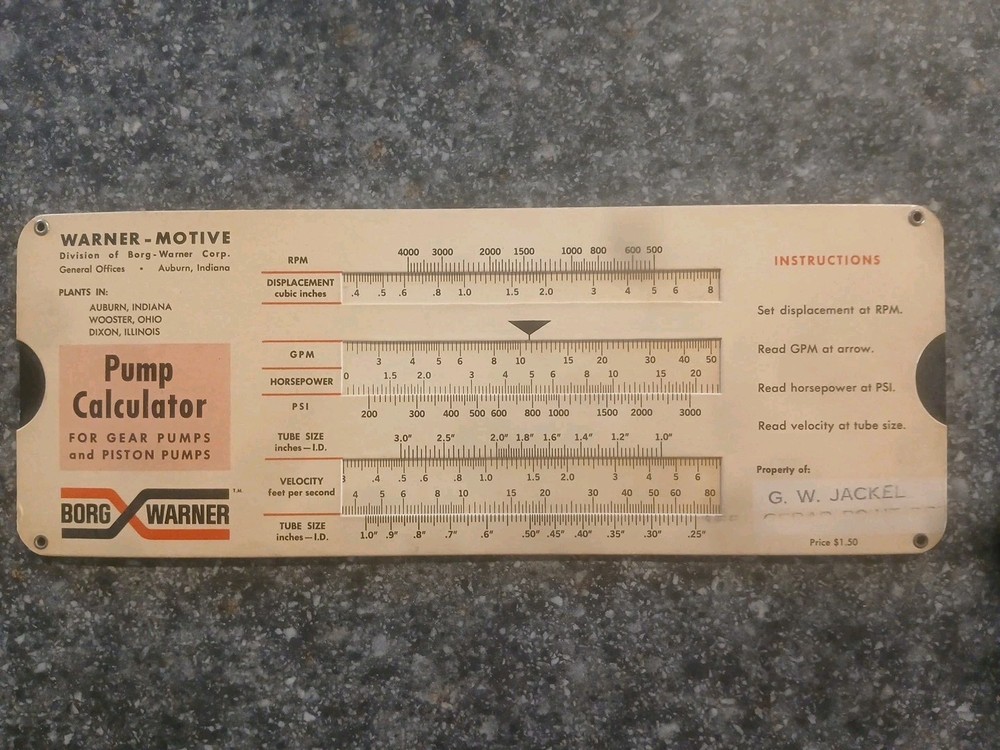 Vintage Borg Warner Pump Calculator Slide Chart 1965