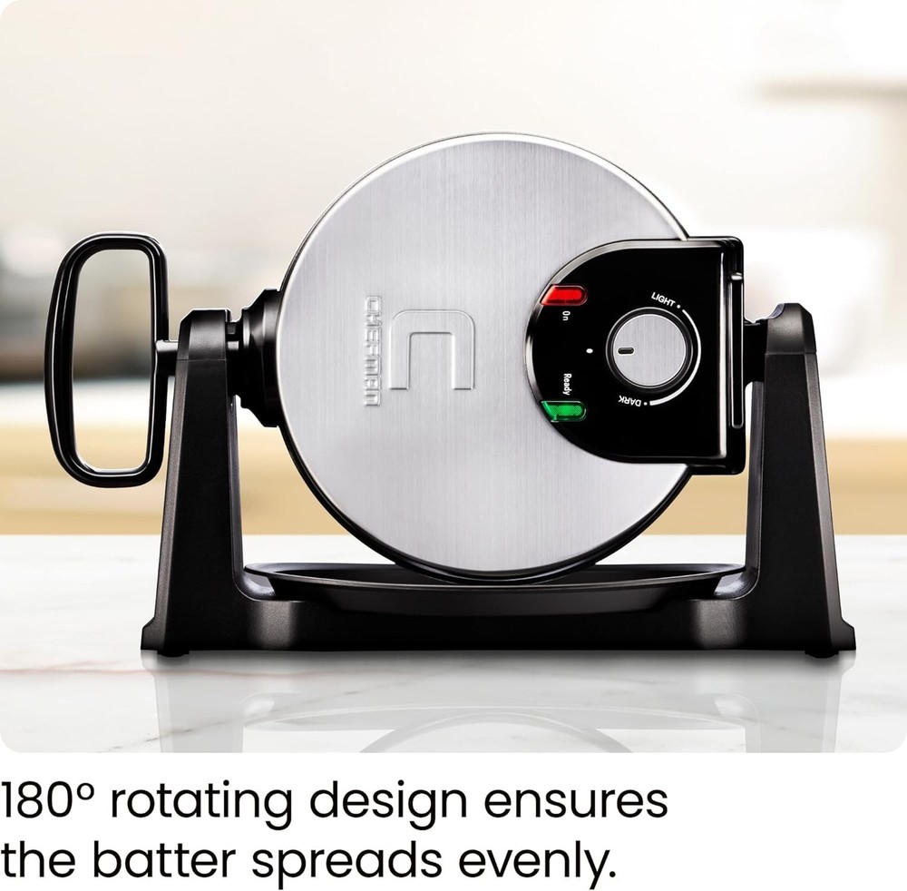 Stainless Steel 180° Rotating Waffle Maker with Adjustable Timer & Locking Lid