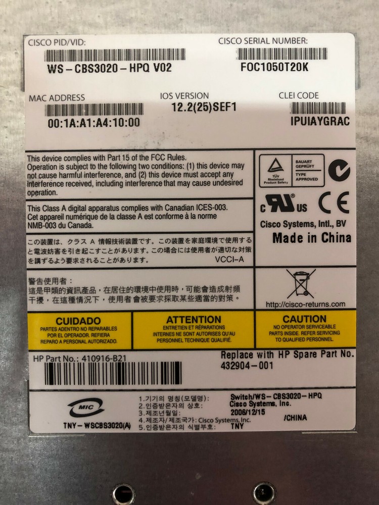 Cisco Catalyst WS-CBS3020-HPQ V02 Blade Switch Module - Good Condition - Used