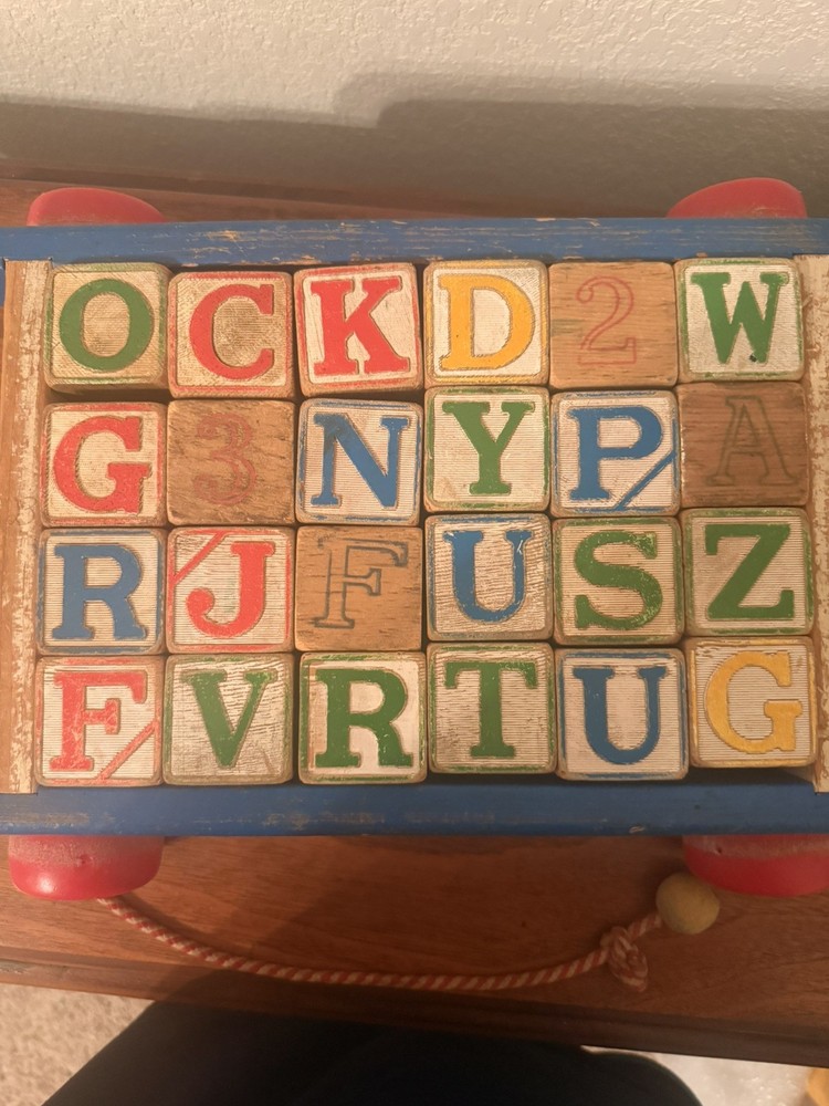 Vintage 1960s Playskool Wooden Alphabet Blocks Wagon Pull Toy Complete