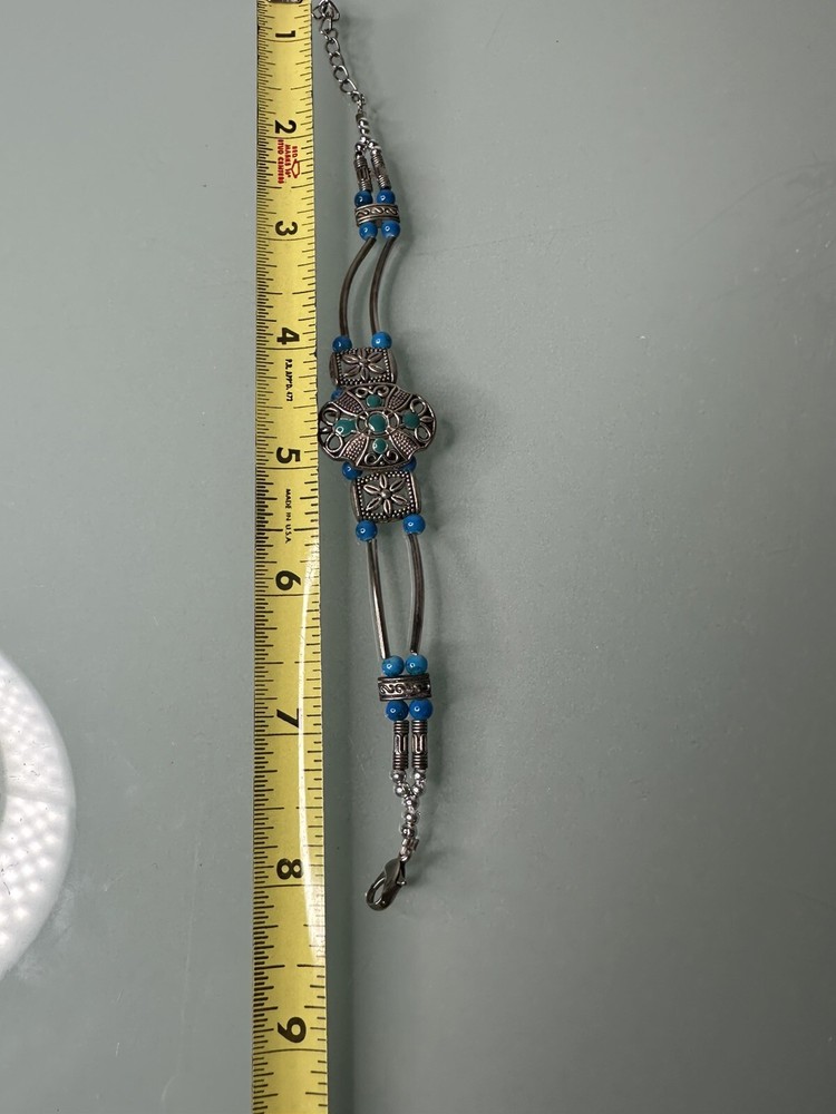 Silvertone Blue Bead Southwestern Bracelet