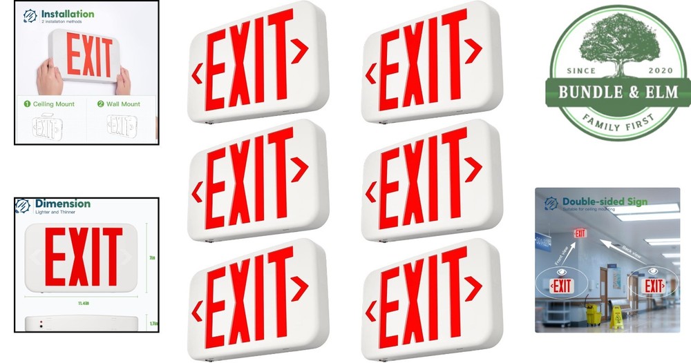 Double-Sided LED Exit Sign Set with Battery Backup and Easy Installation Options