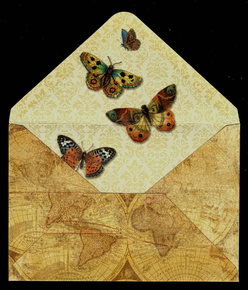 BUTTERFLIES, SKELETON KEYS AND OLD STAMPS DESIGN NOTE CARD WITH ENVELOPE