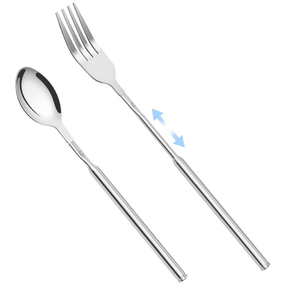 2 PCS Extendable Fork Spoon Set, Telescopic Stainless Steel Fork Spoon, Exten...