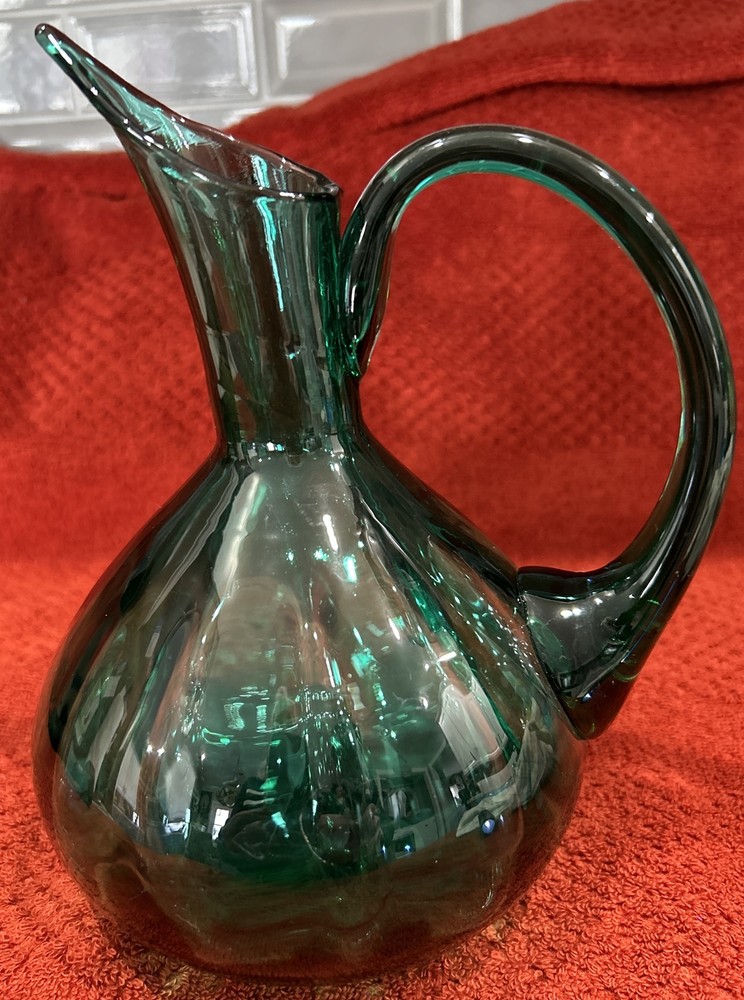 Studio art class pitcher applied handle bluish green