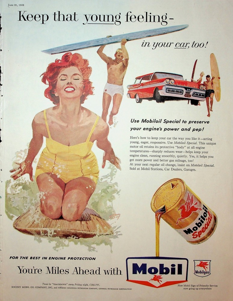 Original 1958 Mobil Ad: Surfing; Keep That Young Feeling