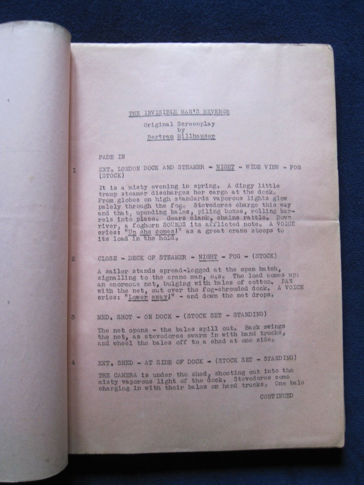 ORIGINAL SCRIPT - UNIVERSAL'S THE INVISIBLE MAN'S REVENGE by BERTRAM MILLHAUSER