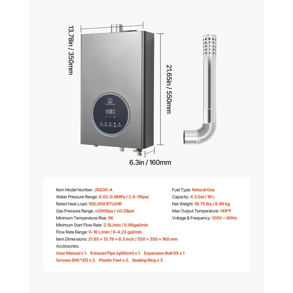 Uimoso Gas Tankless Water Heater 4.3Gal 100000 BTU Smart Temp Control LED