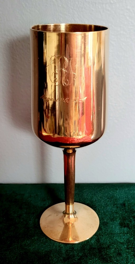 Solid Brass 7.5" Wine Goblet Monogrammed Dated August 25, 1984
