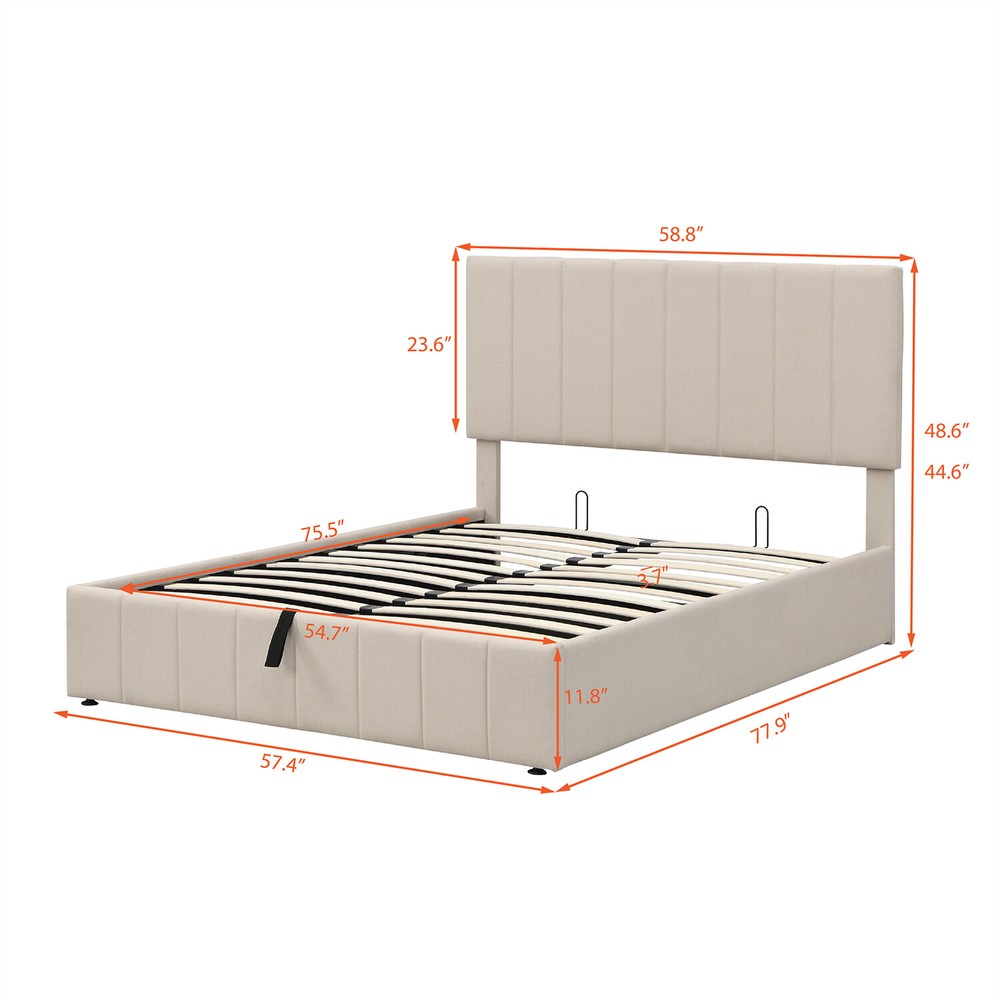 Full Size Upholstered Platform Bed Frame w/ Hydraulic Storage System Beige