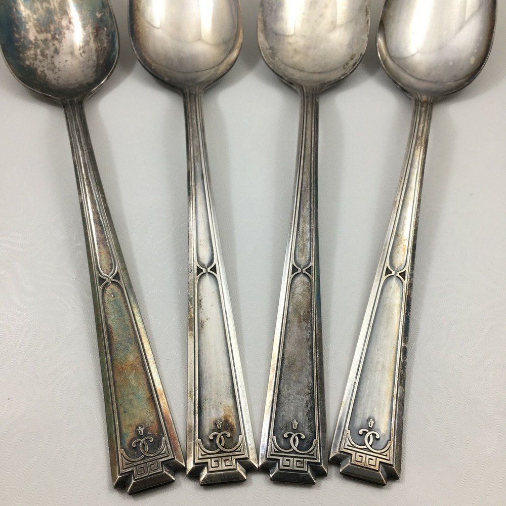 4 National Doric Plate Silverplate Flatware 7 7/8" Large Spoons
