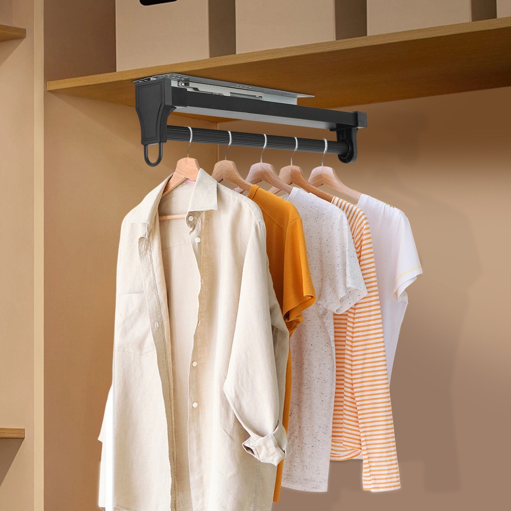 Pull Out Clothes Hanger Rod Adjustable Wardrobe Clothing Rail Hanger Rack Black