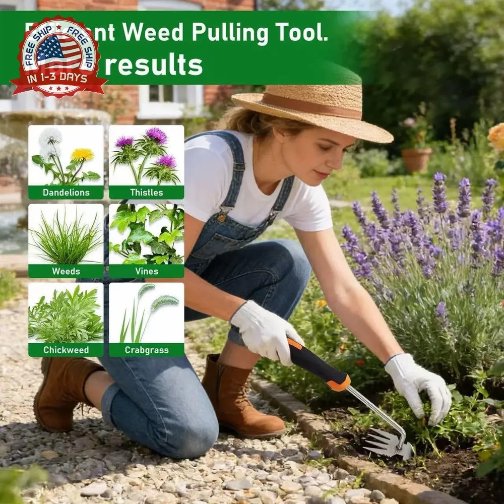 Weed Puller Tool, 2-in-1 Hand Weeder Tool with 4 Sharp Tines & Blade, Manganese