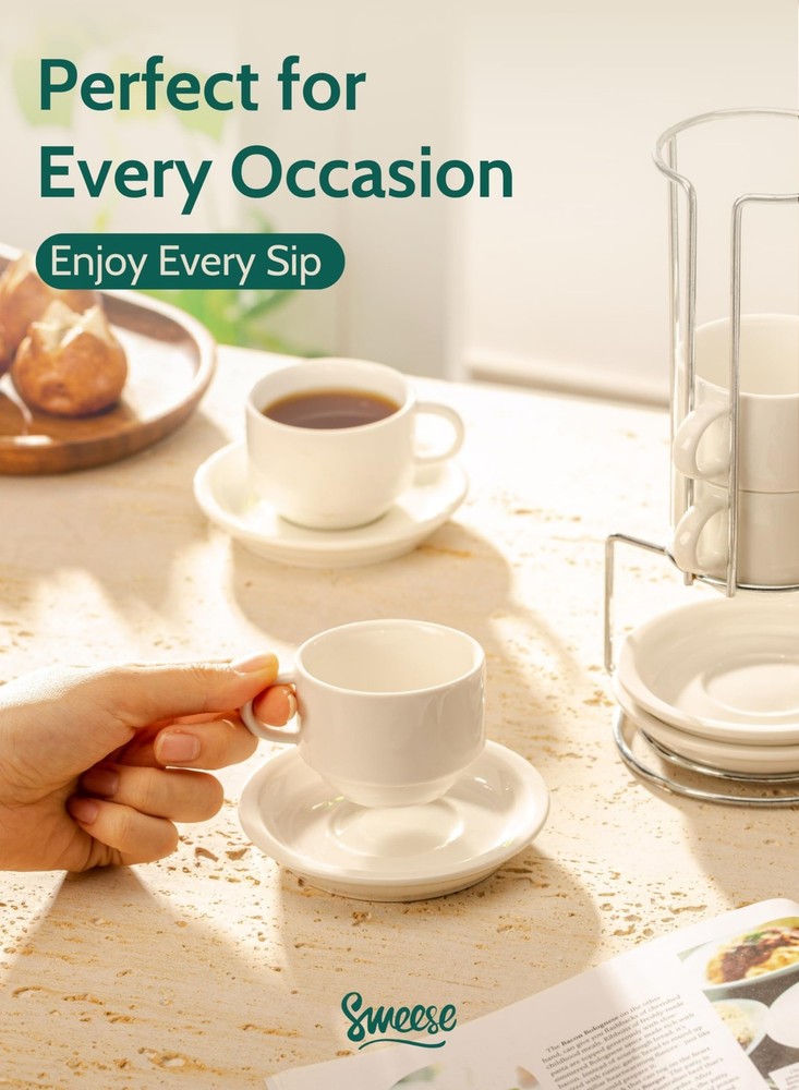 Sweese 2.5 Ounce Porcelain Stackable Espresso Cups with Ounces, White