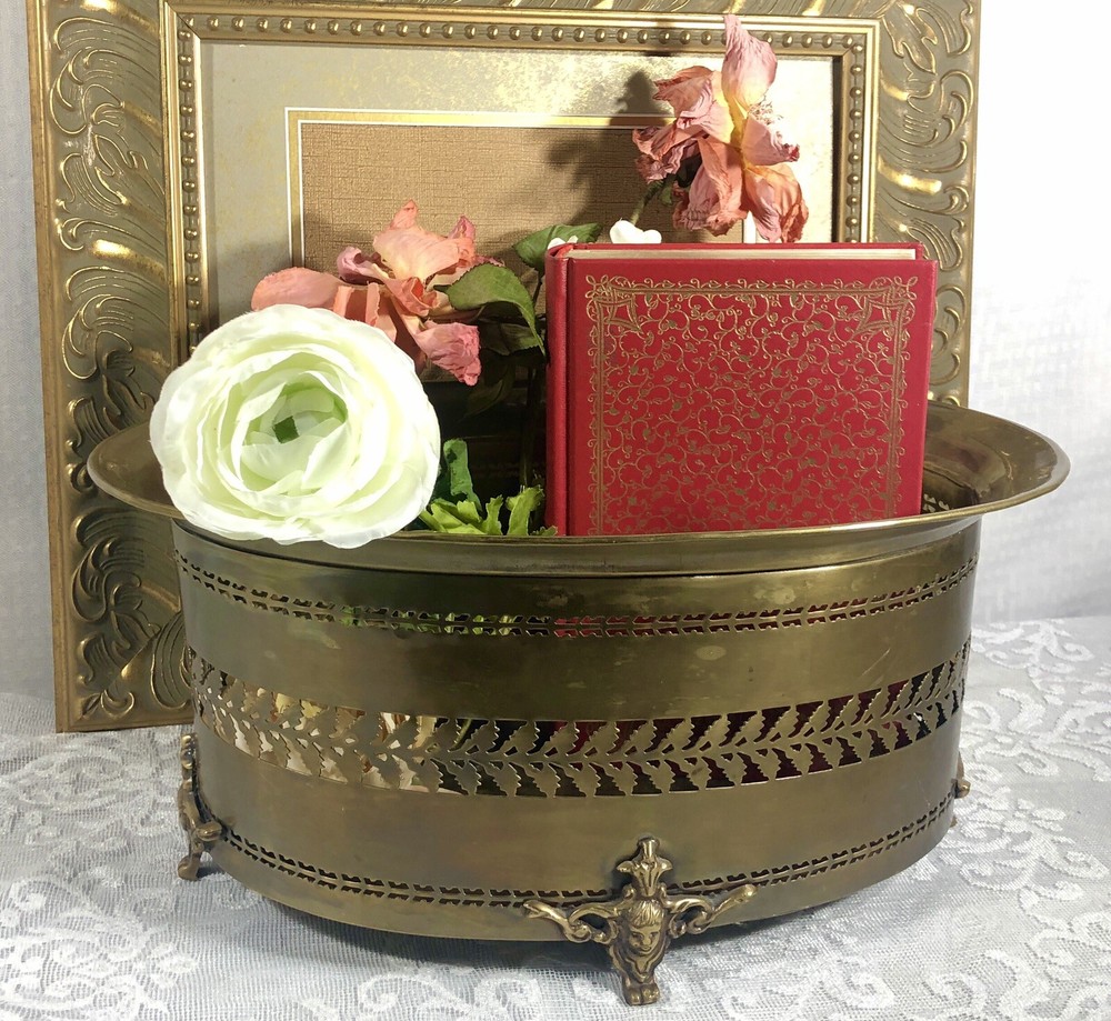 Solid Brass Planter Antiqued Brass Cherub Footed Container Pierced Sides *