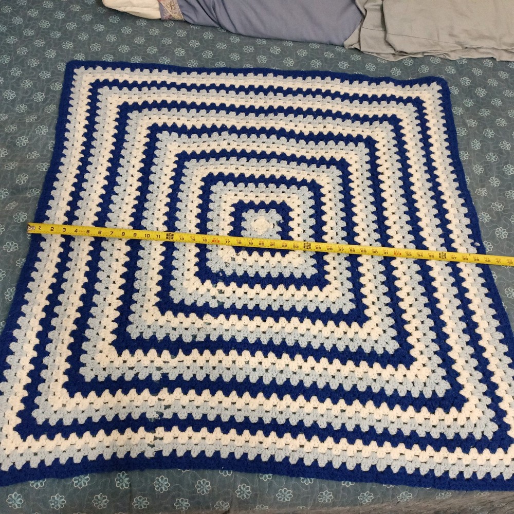 42x40 Crochet Blanket Hand Made With Blue Light Blue White Square Designed