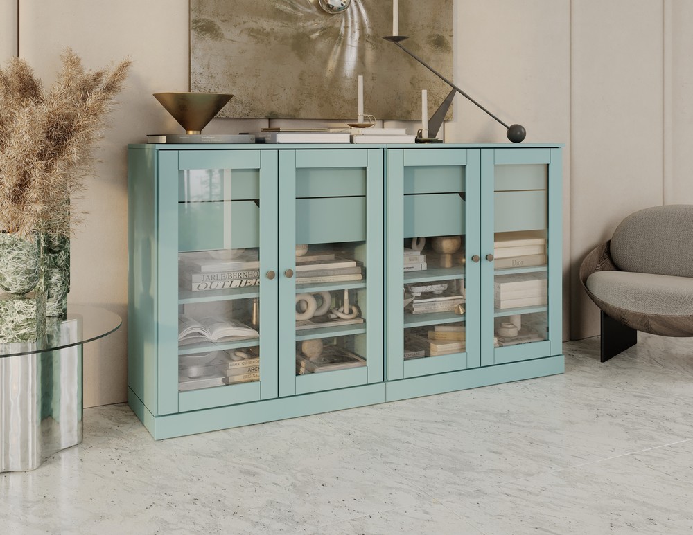 100% Solid Wood 64" Sideboard with Clear Glass Doors and 4 Drawers