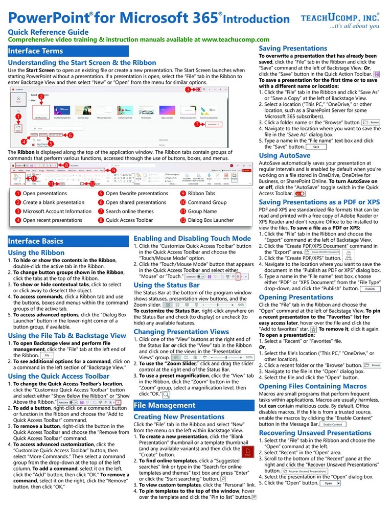 PowerPoint for Microsoft 365 Training Guide Quick Reference Card Cheat Sheet