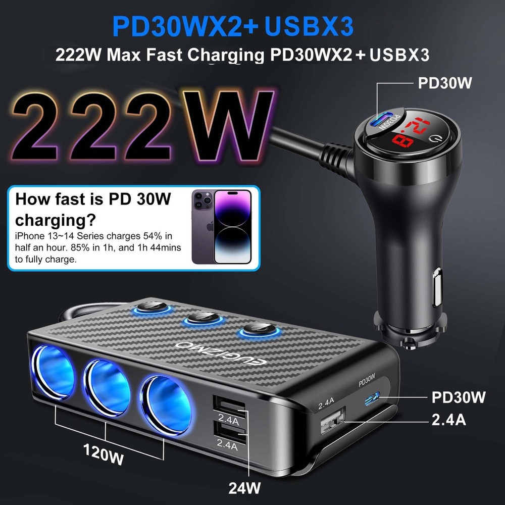 EUGIZMO Cigarette Lighter Adapter, 222W 3 Socket Car Black