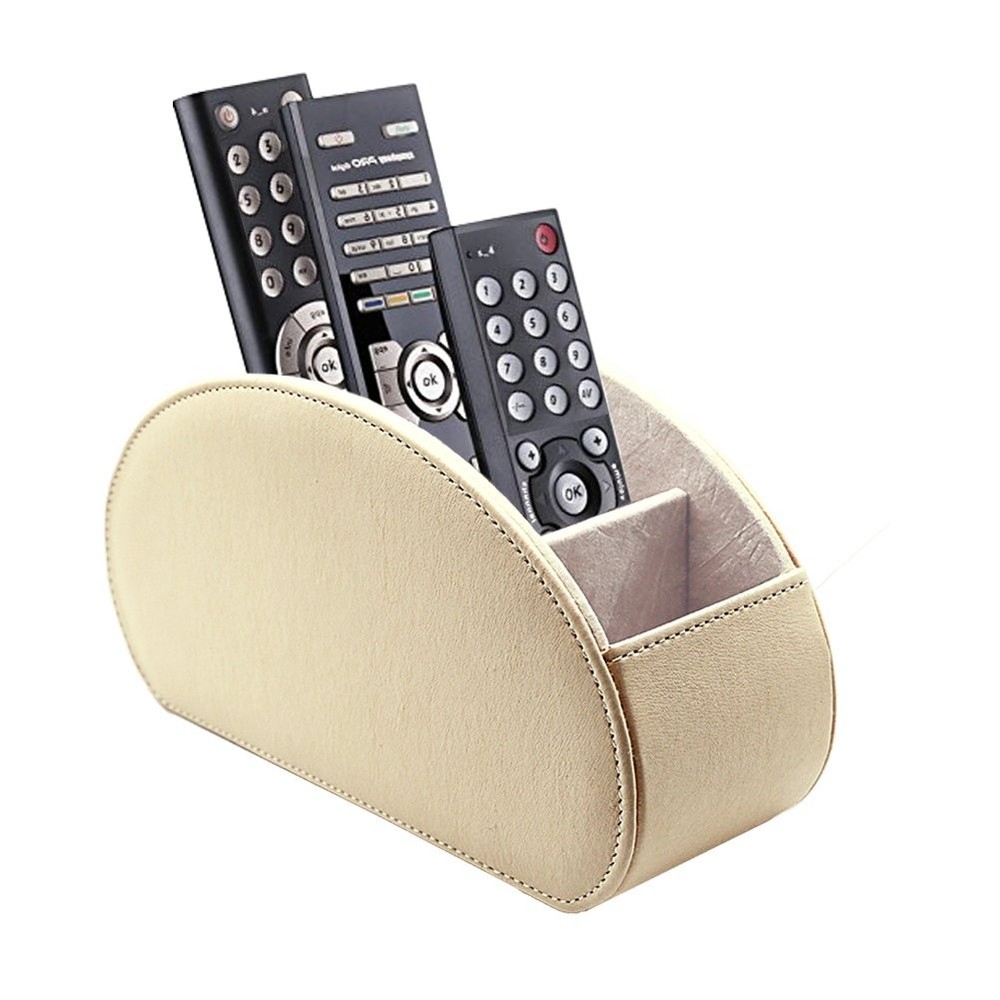 Beige Leather 5 Compartment Remote Control Holder Desk Storage Organizer Caddy