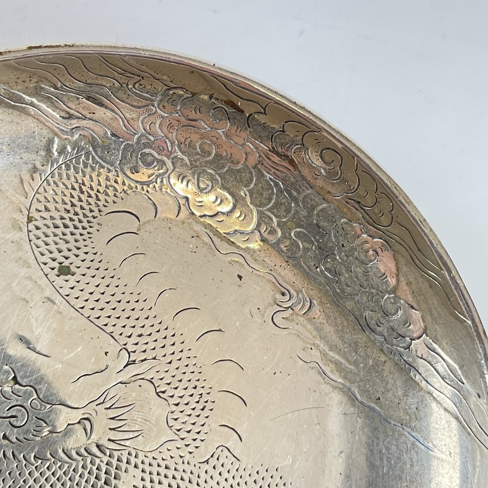 Antique Solid Silver Chinese Export Pin Dish With Dragon Luen Wo 9cm