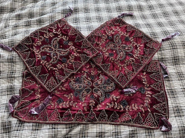 ONE coffee table runner & TWO end table covers, Middle Eastern, burgundy & gold