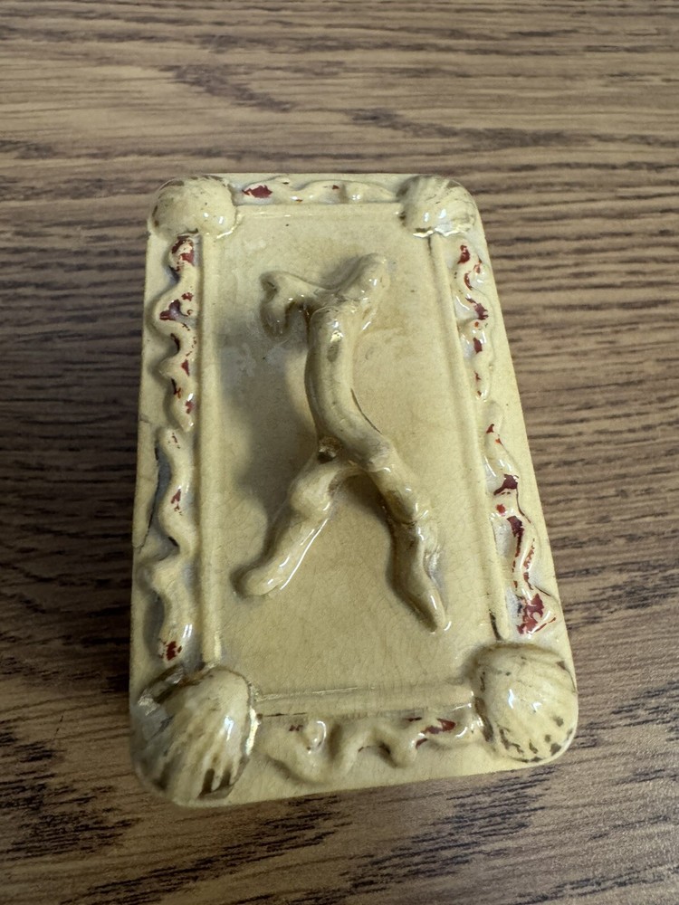 ANTIQUE YELLOW WARE MATCH SAFE W/ STRIKER STAMPED ON BOTTOM