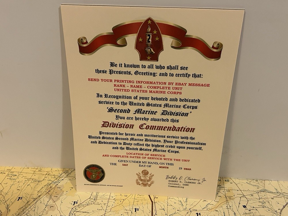 U.S.M.C. / 2ND MARINE DIVISION ~ DIVISION COMMENDATION REPLACEMENT CERTIFICATE