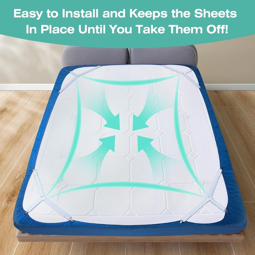 4-Pack Fitted Sheet Clips – Keep Your Bedding Tidy with Easy Install Straps