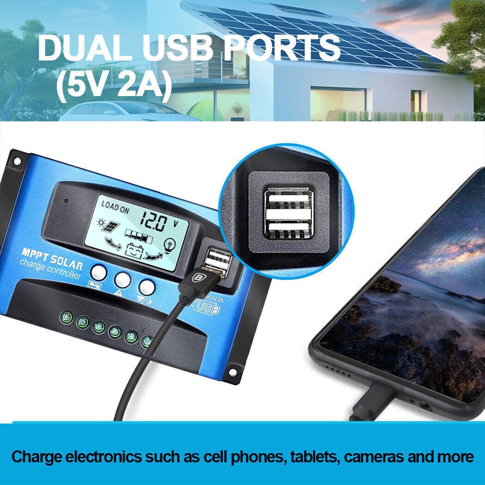 40A 60A 100A Dual USB Solar Charge Controller 12V/24V Auto Battery Regulator LCD