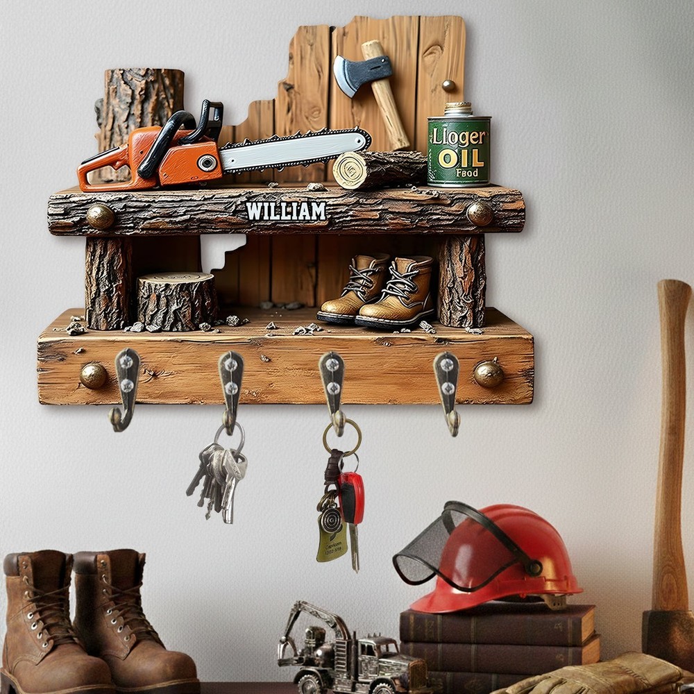 Personalized Lumberjack Key Holder,Woodworker Wall Hooks Rustic Cabin Decor Gift