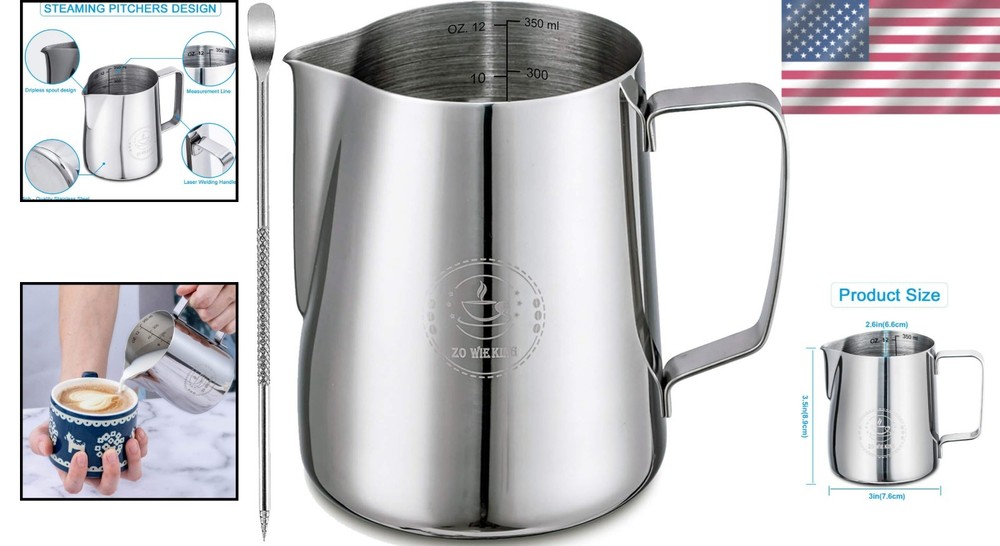 Durable 350ml Espresso Steaming Pitcher with Measurement Marks & Decorating Pen